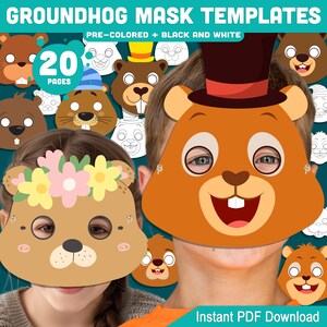 Peut inclure: Modèles de masques de marmottes pré-colorés et en noir et blanc. L'image présente divers modèles de masques de marmottes, dont un avec un chapeau haut de forme et un autre avec une couronne de fleurs. Le texte indique 20 pages et un téléchargement PDF instantané.