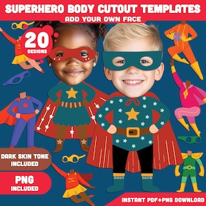 Superhero Body Cutout Clip Art: Add Your Own Face, Fun Activity, Designs for Kids’ Crafts & Parties, Light + Dark Skin Tone, PDF + PNG