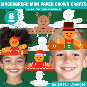 Pode incluir: Um download digital com artesanato de coroas de papel de homem de gengibre. A imagem mostra vários designs de homem de gengibre, em cores e em preto e branco, com o texto "COLOR, CUT, AND ASSEMBLE" e "8 PAGES". As palavras "Instant PDF Download" também são visíveis.