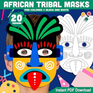 May include: A set of 20 printable African tribal masks. The masks are in black and white and pre-colored. The masks are designed for kids to color and cut out. The text on the image reads "African Tribal Masks, Pre-Colored + Black and White, 20 Designs, Instant PDF Download".