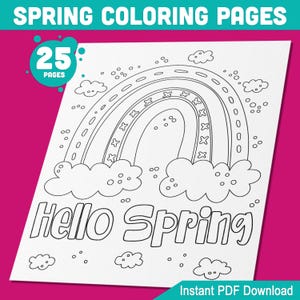 May include: A black and white coloring page featuring a rainbow with clouds and the text "Hello Spring".