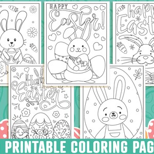 May include: A collection of six black and white Easter-themed coloring pages featuring bunnies, decorated eggs, and the words "Happy Easter". The text "40 PRINTABLE COLORING PAGES" is at the bottom. The images are on a teal background.