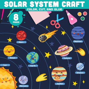 Papperspyssel med solsystemet: 8 sidor med roliga färgläggare, klipp- och limmaverktyg, inkluderar arbetsblad med planetnamn, färgläggning och färdigfärgade versioner.