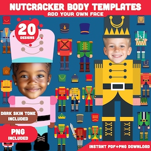 印刷可能なくるみ割り人形のボディテンプレート、20 種類のクリスマス用独自の顔デザイン (明るい肌色 + 暗い肌色、PDF + PNG)、楽しいホリデー クラフト。