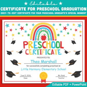 Certificado de preescolar editable, plantilla de diploma de graduación: PDF personalizable en tamaño carta + PowerPoint, perfecto para celebraciones de fin de año