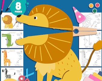 Safaridieren wasknijperpoppen voor kinderen: 8 pagina's, 4 unieke ontwerpen, voorgekleurde + zwart-witversies voor creatief spelen en leren