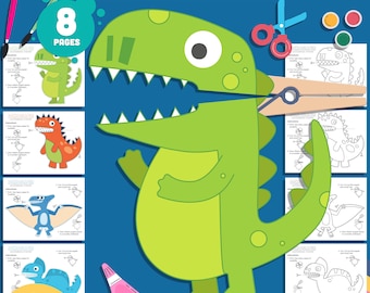 Clothespin Dinosaur Puppets for Kids, 8-Page Craft with 4 Designs, Pre-Colored and Black & White Versions, Perfect for Dramatic Play.