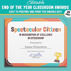 Premios estudiantiles superlativos de fin de año de clase editables, 26 páginas, PDF, descarga instantánea: perfecto para los logros estudiantiles y en el aula.
