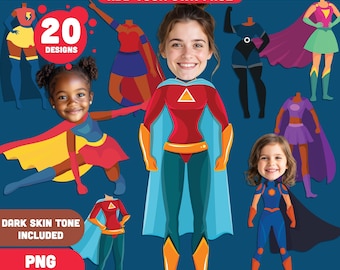 Superhero Women Body Clipart Templates – Add Your Own Face to 20 Fun Hero Designs! Light + Dark Skin Tones, PDF + PNG Instant Download