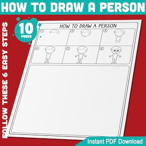 May include: A printable worksheet with 10 pages of instructions on how to draw a person. The worksheet shows a step-by-step guide with six numbered steps, starting with a simple oval shape and ending with a fully drawn person.