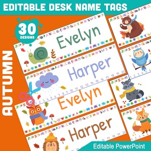 Editable Fall-Themed Name Plates: 30 Charming Autumn Designs, 8.5&quot;x11&quot; Pages, 2/Sheet, 10&quot;x3.25&quot;, Includes Alphabet, Shapes, Numbers 1-20