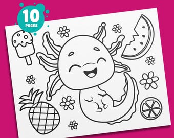 Puede incluir: Una página para colorear en blanco y negro con un axolotl de dibujos animados con una expresión feliz. El axolotl está rodeado de varios objetos de temática veraniega, como una piña, una sandía, un helado y flores. El texto "Descarga instantánea de PDF" está en la parte inferior de la página.