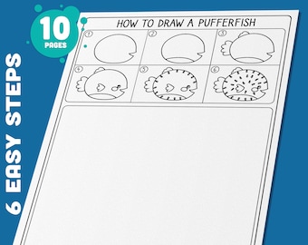May include: A white instructional sheet titled "HOW TO DRAW SEA ANIMALS" with a blue background. The sheet shows a step-by-step guide on drawing a pufferfish, with the text "6 EASY STEPS" and "10 PAGES". The words "Instant PDF Download" are also visible.
