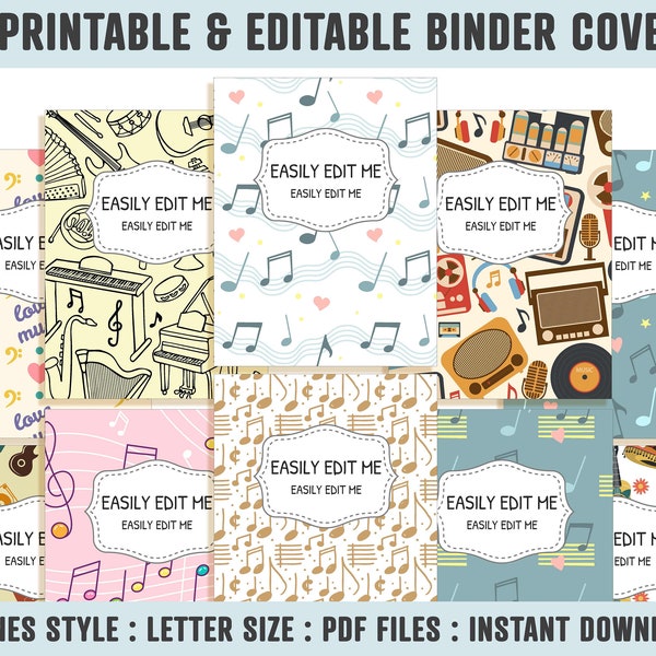 Binder Cover Music, 10 Printable/Editable Covers+Spines, Teacher/School Binder, Planner Cover, Note Planner Insert, Binder Cover Printable