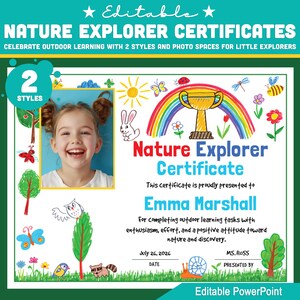 Certificats modifiables d'explorateur de la nature : 2 styles avec options de photo, récompenses sur le thème de la nature, reconnaissance des écoles forestières et des écoles sauvages.