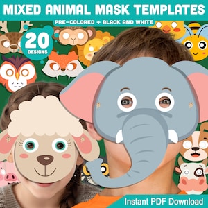 Puede incluir: Una colección de plantillas de máscaras de animales mixtos, que incluyen una oveja, un elefante y un zorro. Las máscaras son pre-coloreadas y en blanco y negro, con 20 diseños disponibles. El texto "Instant PDF Download" es visible en la parte inferior.