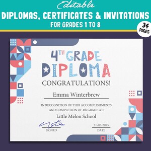 Bearbeitbare Diplome für die 4.Klasse, Zertifikate für die 1.-8.Klasse und Einladungsvorlagen in einem Mosaik-Thema - 34 Seiten, PDF Instant Download