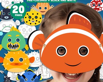 Printable Fish Mask Templates – Fun DIY Coloring Masks for Kids' Birthdays, Featuring Angelfish, Clownfish, Pufferfish, Blue Tang & More.