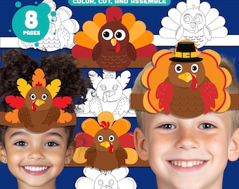Könnte beinhalten: Digitaler Download mit Bastelarbeiten für Weihnachtsbäume und Truthahn-Papierkronen. Das Bild zeigt Kinder, die die fertigen Kronen tragen. Der Text lautet "Color, Cut, and Assemble" und "Instant PDF Download". Das Produkt umfasst 8 Seiten.
