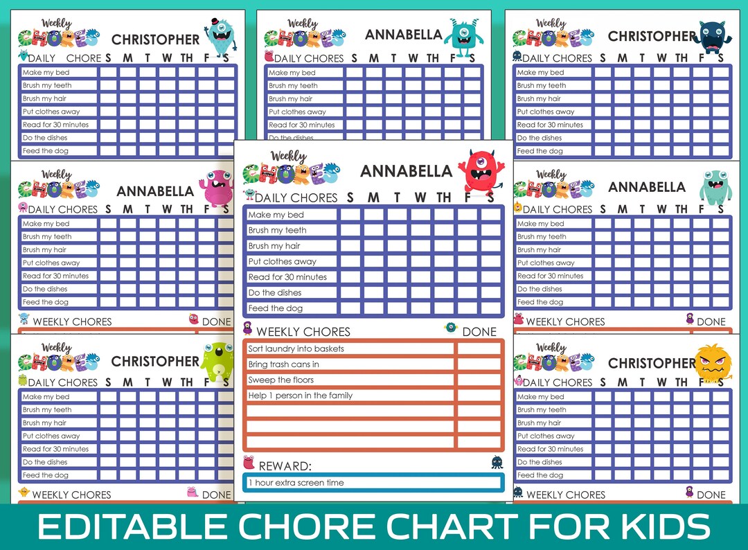 Monster Chore Chart for Kids, Printable/editable Chore Chart for Kids ...