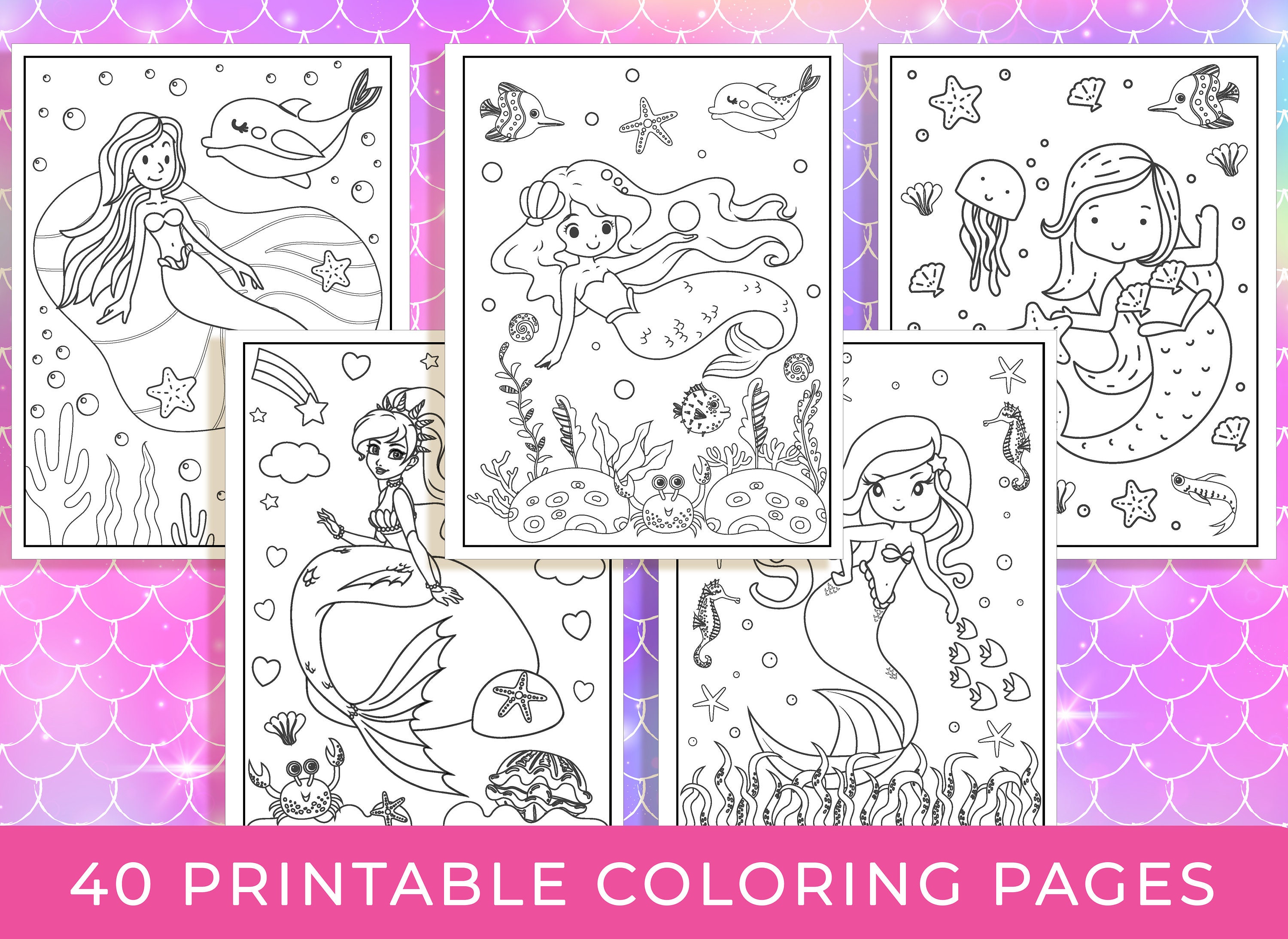 Mermaid Coloring Pages 40 Printable Mermaid Coloring Pages | Etsy