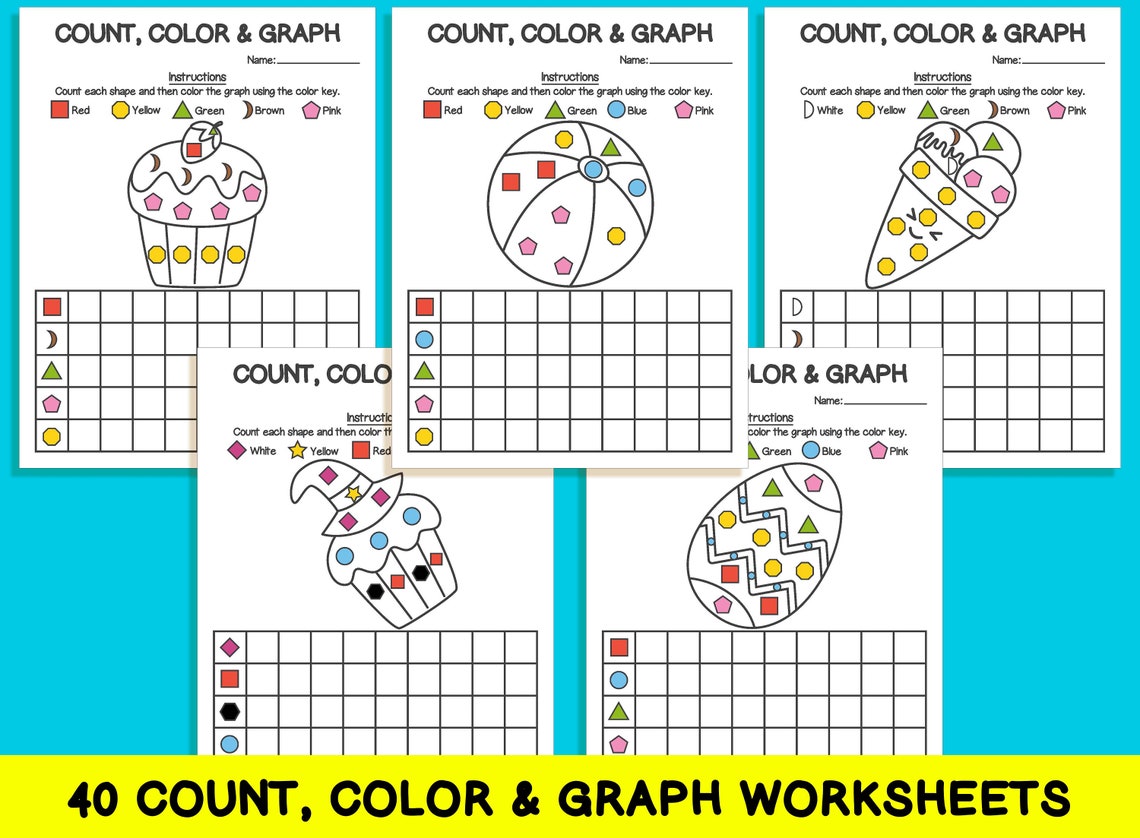 40 Count Color & Graph Worksheets Count and Graph Shapes | Etsy