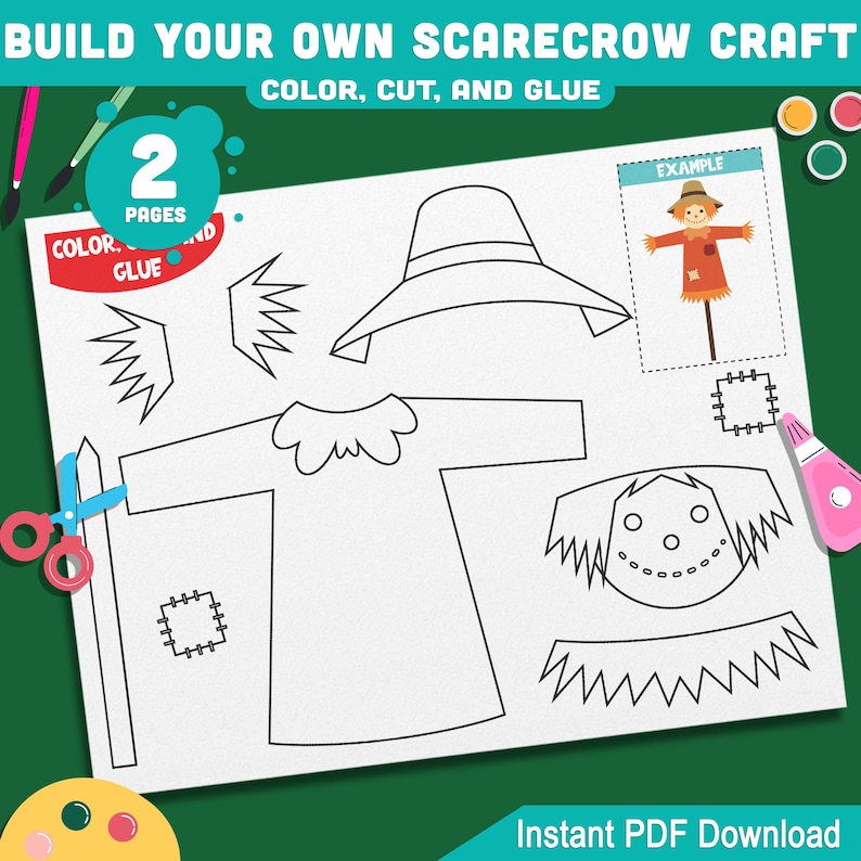 Build Your Own Scarecrow Craft, Fall Color Cut & Paste Activity, Autumn ...