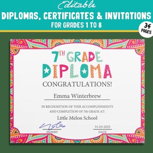 Druckbare 7.Klassen-Diplome, bearbeitbare Zertifikate für die 1.-8.Klasse, Einladungsvorlagen im Mandala-Design, 34 Seiten, Sofort Download
