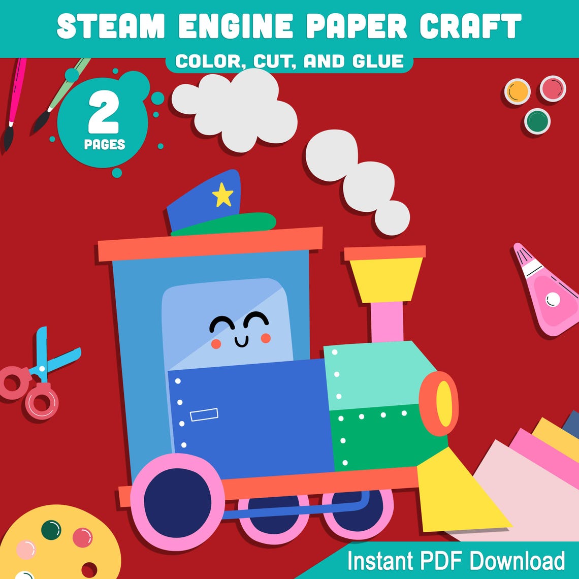 Papercraft Red Engine Steam Engine Paper Craft for Kids: Fun DIY Color, Cut, and Glue ...