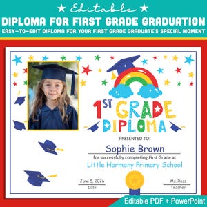 Plantilla editable de diploma de primer grado con foto: tamaño de letra personalizable en PDF y PowerPoint, perfecta para celebraciones de graduación de fin de año