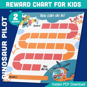 Quadro de recompensas para pilotos de dinossauros para crianças: 2 designs divertidos para incentivar o comportamento positivo, arquivo PDF, download instantâneo