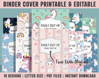 Binder Cover Printable, 10 Covers+Spines, Printable, Editable, Teacher, Kids, School Binder, Planner Cover, One & Two Line Styled, Unicorn