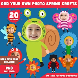 Add Your Own Face Spring Photo Body Clipart Templates: Designs for Kids with Bees, Bunnies, Butterflies & More, Light + Dark Skin, PDF + PNG