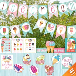 Kit imprimible editable de heladería: actividad de verano, juego dramático, decoración para fiestas soleadas, 62 páginas con letreros, carteles, etiquetas y pancartas.