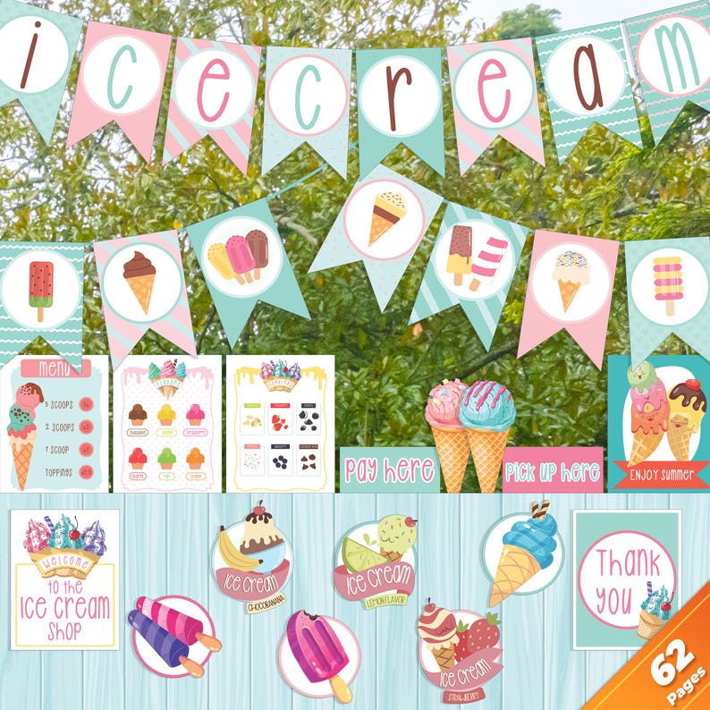 Puede incluir: Un conjunto imprimible de 62 p&aacute;ginas de decoraciones para fiestas con tem&aacute;tica de helados. El conjunto incluye una pancarta, carteles y otras decoraciones. Las decoraciones son de color rosa, azul y verde con im&aacute;genes de conos de helado, paletas y otros dulces helados.