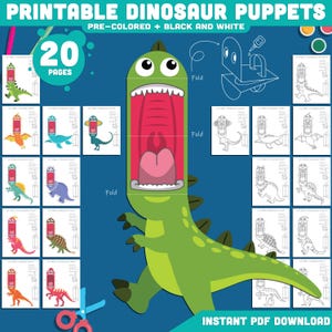 Dinosaur Puppet Templates for Kids: Fun 20-Page Printable Craft with T-Rex, Pteranodon, Spinosaurus and More, Pre-Colored & Black and White