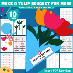 Muttertags-Tulpenstrauß-Handarbeit: Druckbare Blumenaktivität für Kinder zum Ausschneiden, Ausmalen und Verschenken an Mama - Schwarzweiß und farbige Versionen, Sofortdownload