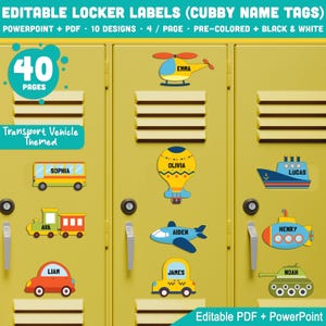 Op de afbeelding: Gele kluisdeuren met naamlabels met transportthema. De labels tonen een bus, trein, auto, helikopter, luchtballon, vliegtuig, boot, onderzeeër en tank. Elk label heeft de naam van een kind. De tekst op de afbeelding zegt "Editable Locker Labels".
