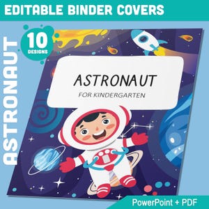 10 cubiertas editables para carpetas de astronautas, incluye lomos de 1", 1,5", 2", disponibles en A4 y carta estadounidense, edición con PowerPoint o lector de PDF