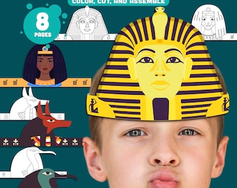 Altes Ägypten Papierkronen-Vorlagen - 4 lustige druckbare Stirnband-Designs für Kinder, mit Pharao, Kleopatra, Anubis & Thoth, Instant PDF