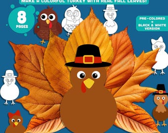 Puede incluir: Gráfico de descarga digital con el texto "LET'S MAKE A LEAF TURKEY!" y "MAKE A COLORFUL TURKEY WITH REAL FALL LEAVES!". La imagen presenta un pavo de dibujos animados con hojas de otoño y otras ilustraciones de pavos. La descarga incluye versiones precoloreadas y en blanco y negro.