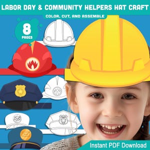 Pode incluir: Uma atividade de artesanato imprimível para crianças com oito páginas de chapéus para os trabalhadores da comunidade. Os chapéus incluem um trabalhador da construção, um policial, um bombeiro e um carteiro. O texto "COLOR, CUT, AND ASSEMBLE" e "8 PAGES" está incluído na imagem.