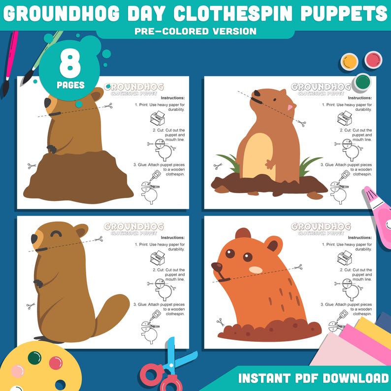 Groundhog Day Clothespin Puppets, Printable Puppet Craft for Kids ...