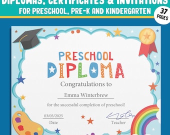 37 Editable Preschool and Pre-Kindergarten Diplomas, Certificates, Completion, & Invitations Templates for PreK and Kindergarten, PDF File