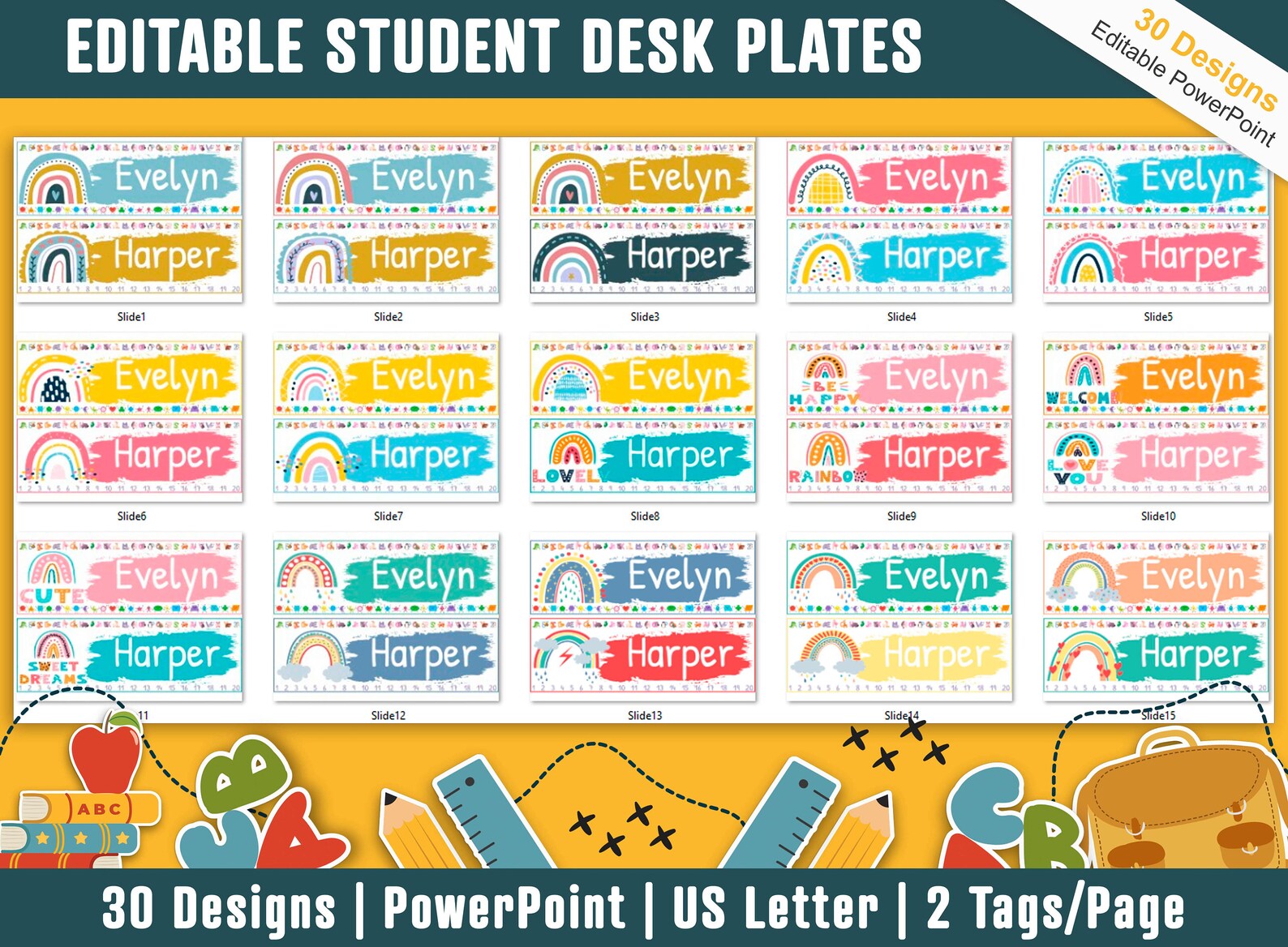 Student Desk Name Plates, 30 Printable/editable Rainbow Classroom Name Tags & Name Plates for