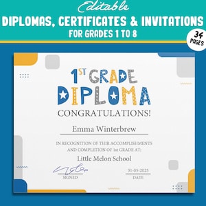 Bearbeitbares 1st-Grad-Diplom, 1st-8th-Grad-Zertifikate und Einladungsvorlagen in einem einfachen und modernen Design, PDF, Instant Download.