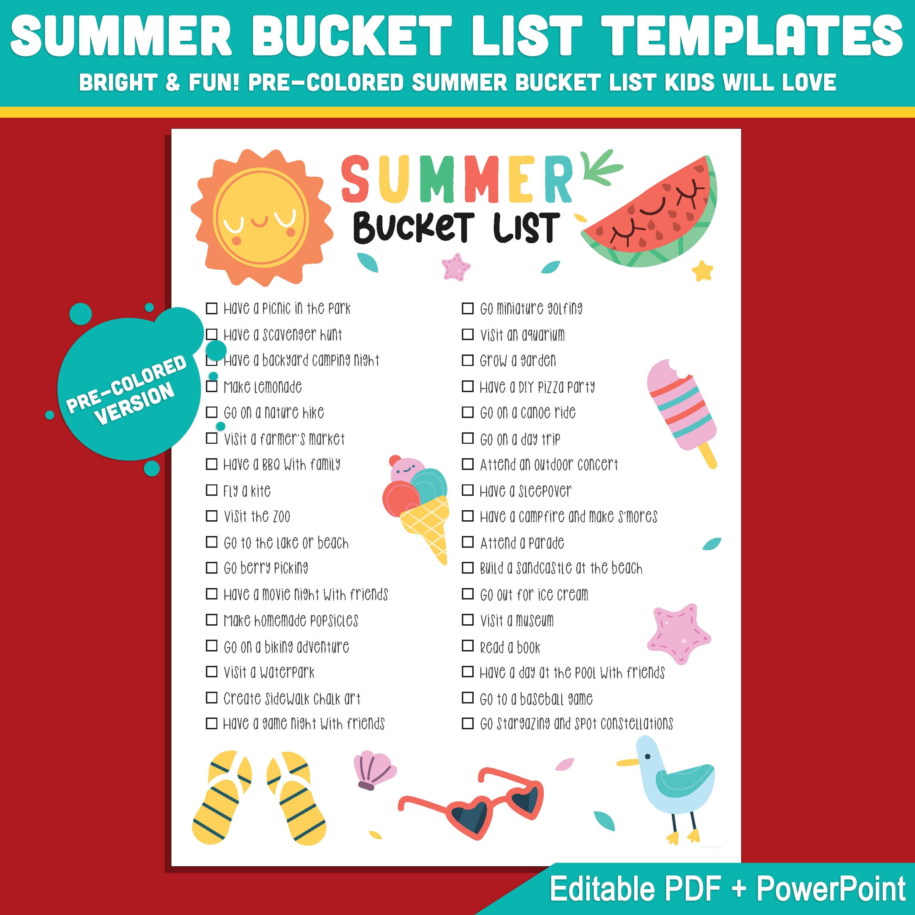 Summer Break Checklist Printable for Kids – Editable Bucket List ...