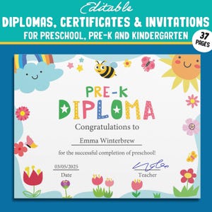 Druckbare Urkunden, Kindergarten- und Vorschuldiplome, Zertifikate und Einladungsvorlagen, bunter Frühlingsstil, PDF, Sofort-Download.