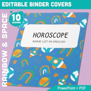 10 cubiertas editables de arcoíris y carpetas espaciales, incluye lomos de 1, 1,5 y 2", disponibles en A4 y carta estadounidense, edición con PowerPoint o lector de PDF