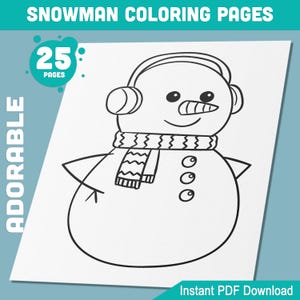 25 adorables páginas para colorear de muñecos de nieve para preescolar y jardín de infantes, libro en PDF de alta resolución, perfecto para invierno y Navidad, descarga instantánea